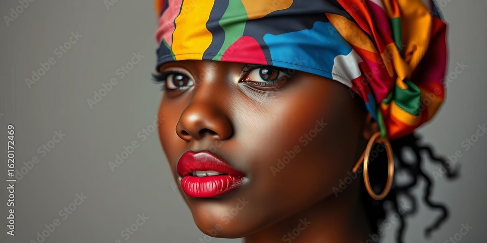 Obraz premium Abstract portrait, multicolored mask, red lips, young, African American features, identity, background