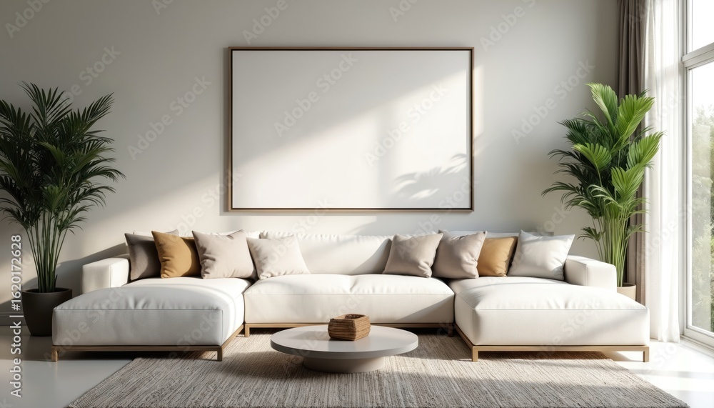 Fototapeta premium Minimalist living room features large sectional sofa with throw pillows centered under blank wall frame. Coffee table with woven basket accent. Natural light streams from window, illuminating modern