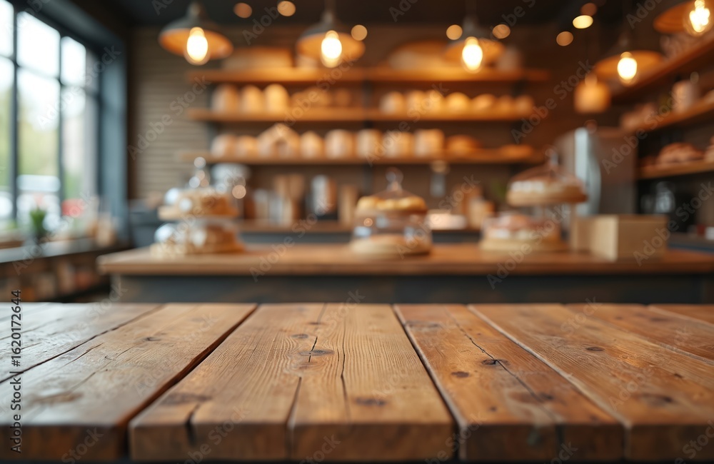 Rustic wooden table foreground, blurred bakery interior background. Ideal for product display montage, baked goods like bread loaves, pastries, buns on rustic oak wood counter. Warm lighting from Rustic wooden table foreground, blurred bakery interior background. Ideal for product display montage, baked goods like bread loaves, pastries, buns on rustic oak wood counter. Warm lighting from