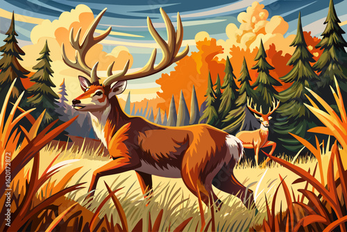 vector of A large white-tailed buck walks through a field in pursuit of a deer with big antlers during a rut.