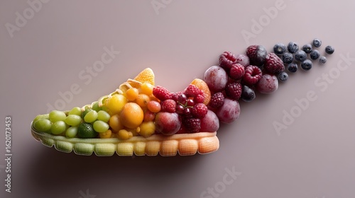 Colorful fruit-filled sneaker art concept for healthy lifestyle and nutrition