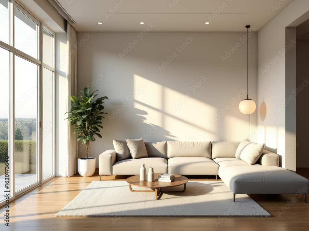 Fototapeta premium Salon moderne lumineux avec canapé d’angle beige, décoration scandinave minimaliste et grande baie vitrée
