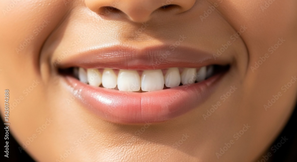 Fototapeta premium Close-up of a smiling person's lips and teeth, showcasing healthy, white enamel and glossy texture.