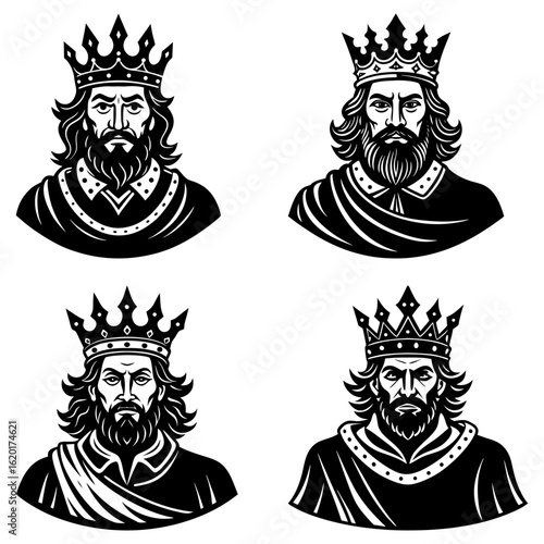 Four king portraits with crown and beard in black and white vector illustration design style artwork