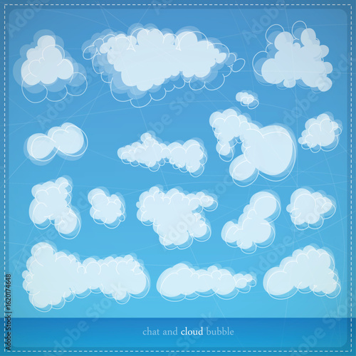 Set of hand-drawn cartoon-style clouds on a blue sky background. Collection of fluffy cloud shapes ideal for weather, sky, or comic-style design projects.