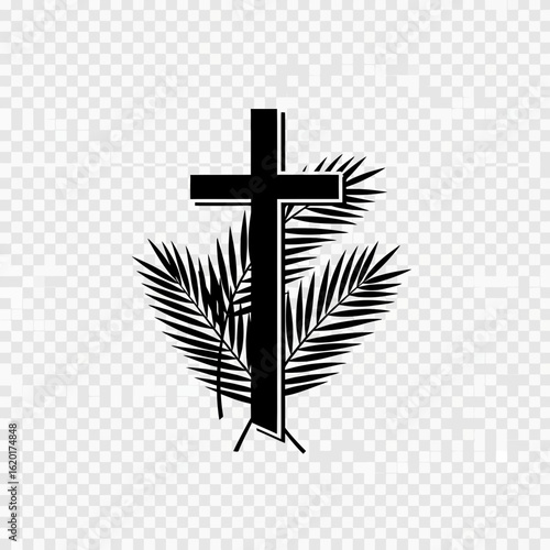 Elegant black cross with palm fronds, a symbol of faith and remembrance, perfect for Easter and religious designs