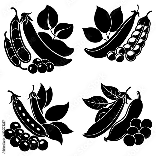 Illustration of four pea pod arrangements with leaves and loose peas in black and white style