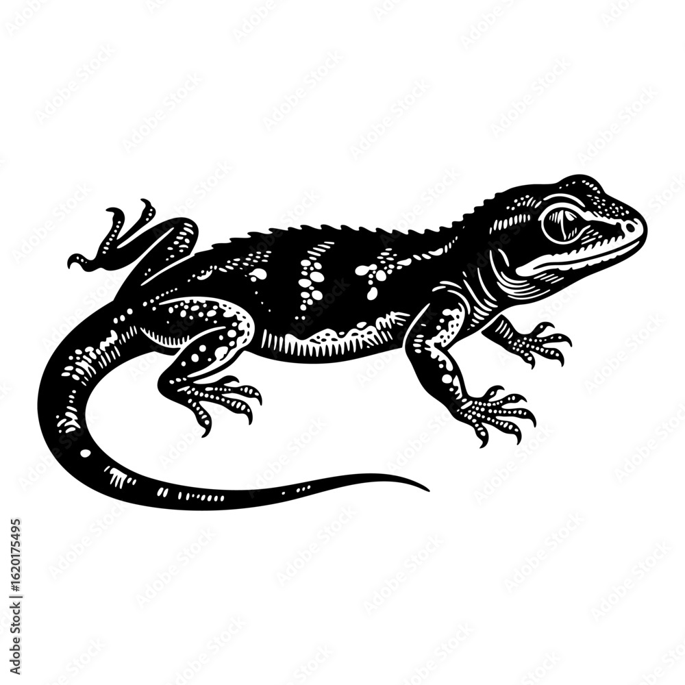 Fototapeta premium House lizard sketch engraving black and white outline. Scratch board imitation.