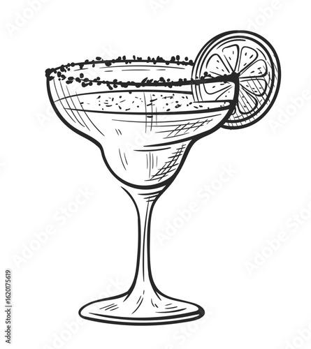 Margarita cocktail with lime hand drawn isolated on white background. Vintage sketch of alcoholic drink glass. Party cocktail. Vector illustration