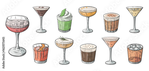 Cocktails and drinks hand drawn set isolated on white background. Vintage sketch of alcoholic colorful party cocktails. Vector illustration