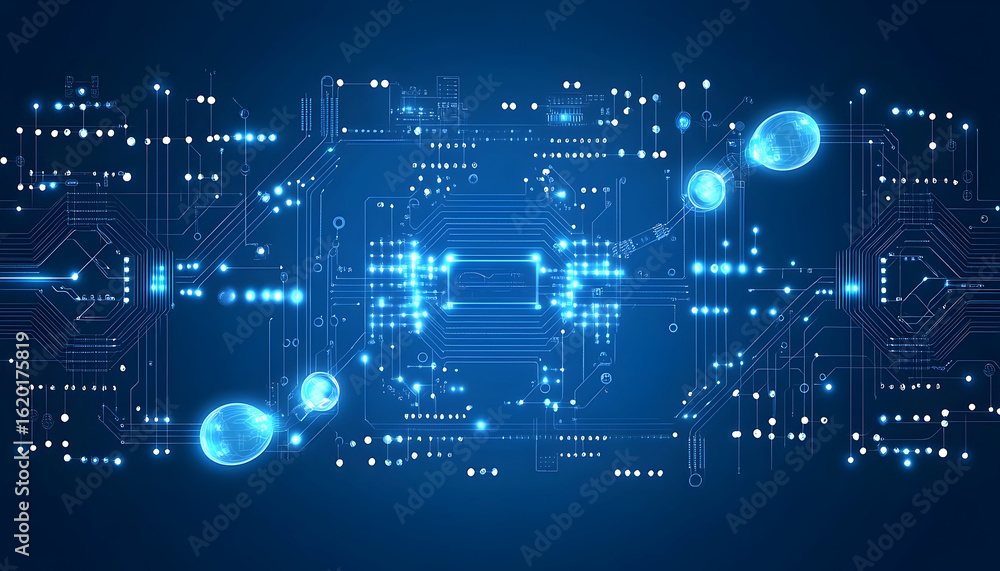 Fototapeta premium Glowing Circuit Board with Global Connections and Data Flow