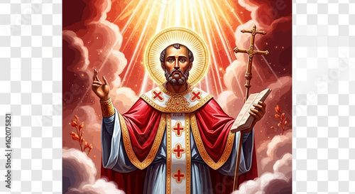Stunning depiction of a saint with a halo, cross, and book, radiating divine light and spiritual grace for religious themes