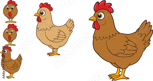 Cartoon hen character set with different styles and colors, farm chicken collection, vector illustration of poultry birds for childrenCartoon hen character set with different styles and colors