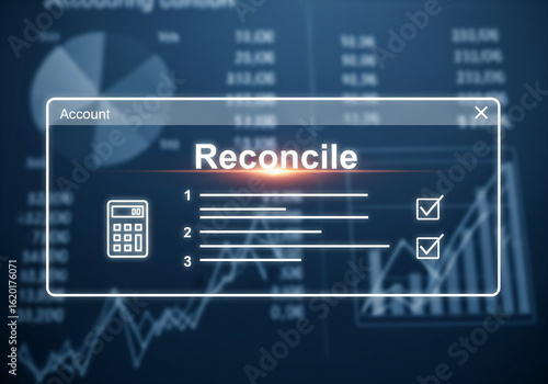 Abstract digital illustration of financial reconciliation on a dashboard, with a pop-up window showing a checklist, calculator, and data, representing modern accounting and business technology.