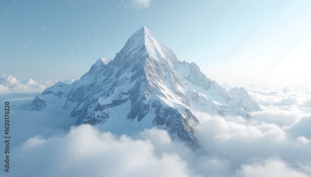 Naklejka premium Majestic snow-capped mountain peak pierces sky, surrounded by fluffy white clouds. Vast winter landscape unfolds below, rugged terrain, icy slopes under clear blue sky. Sunlight glints off summit,