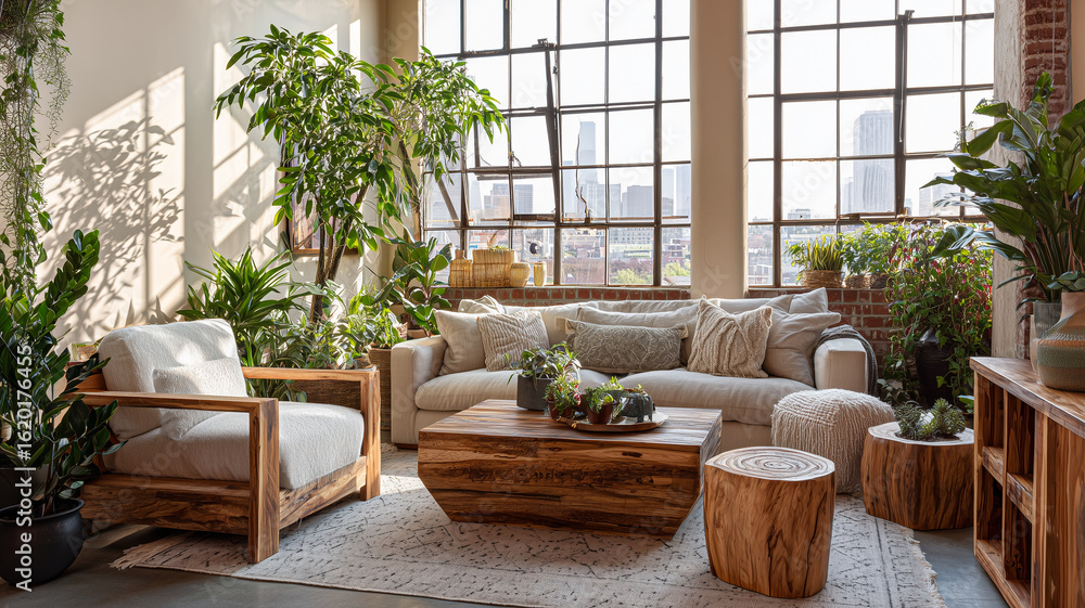 Eco-living room with reclaimed wood furniture, indoor plants, and organic fabrics