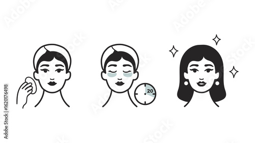 How to use the eye patches step by step, vector illustration. Instructions for using a eye patches. Cosmetology and beauty theme. Skincare routine icons. Korean cosmetics packaging design 