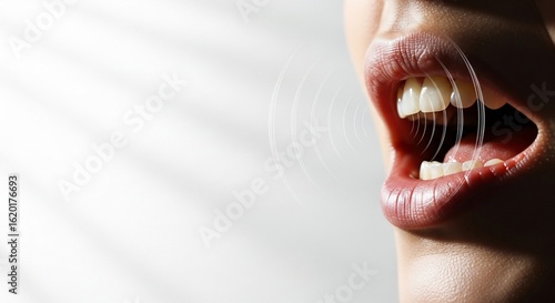 Close-up of a woman's open mouth with sound waves emanating, showcasing teeth and lips