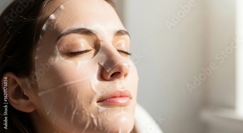 Close-up of a young woman with eyes closed wearing a hydrating sheet mask