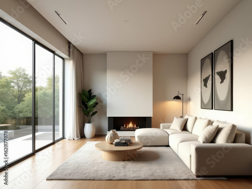 Salon moderne et lumineux au design scandinave avec cheminée contemporaine et grandes baies vitrées