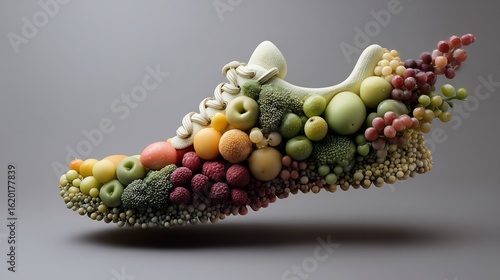 Fototapeta Naklejka Na Ścianę i Meble -  Innovative Fruit and Vegetable Sneaker Design Showcasing a Healthy Lifestyle Concept