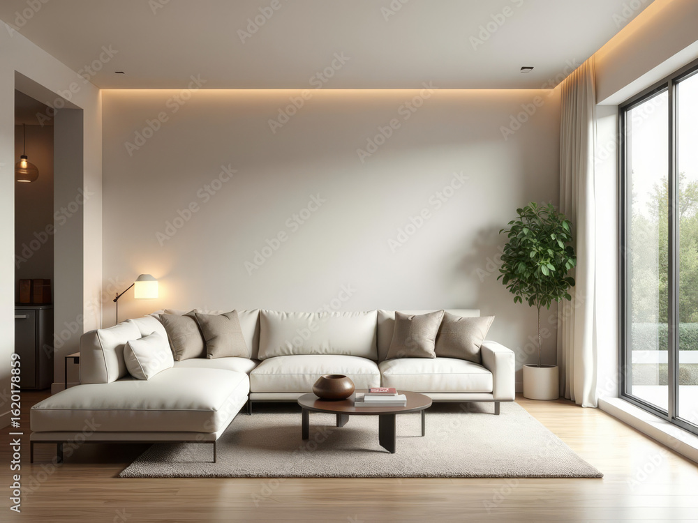 Fototapeta premium Salon moderne lumineux avec canapé d’angle beige, décoration minimaliste et touches végétales apaisantes