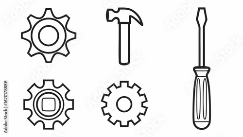 Set of simple line art icons for gears hammer and screwdriver