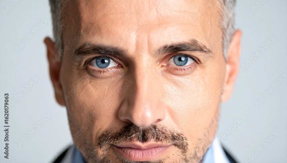 Obraz premium Close-up portrait of a man with intense blue eyes and a serious expression