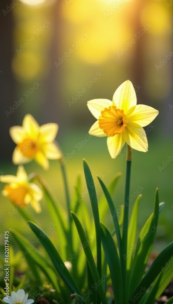 delicate springtime scene with daffodils swaying gently in soft warm light, petals, serene delicate springtime scene with daffodils swaying gently in soft warm light, petals, serene