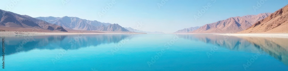 Desolate Dead Sea landscape with crystal blue water reflections and surrounding mountains, calm, stillness, desert landscape Desolate Dead Sea landscape with crystal blue water reflections and surrounding mountains, calm, stillness, desert landscape