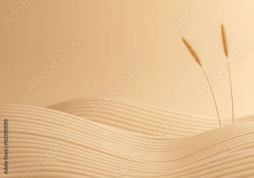 Fototapeta Naklejka Na Ścianę i Meble -  Calming zen background featuring abstract sand dunes and simple reeds. Minimalist nature concept in neutral beige tones for wellness.