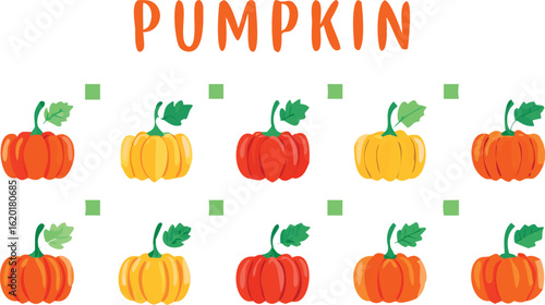 Set of autumn pumpkins and gourds for Halloween, Thanksgiving, and harvest season decoration