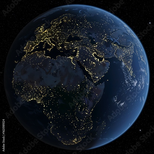 Earth Globe at Night with City Lights Shining in Dark Space