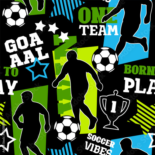 Abstract seamless chaotic pattern with footballball players, slogans and soccer ball. Sports background for guys