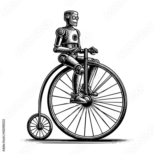 robot riding penny farth bicycle sketch engraving black and white outline. Scratch board imitation.