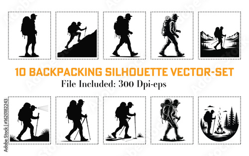 A Black Backpacking Silhouette Vector Art Set