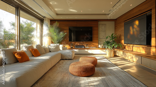 Modern living room with large sectional sofa, warm wood paneling, soft natural light, indoor plants, and a wall-mounted flat screen TV.
