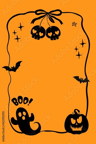 Halloween background with pumpkin and bats in spooky cartoon style. Design with Copy Space
