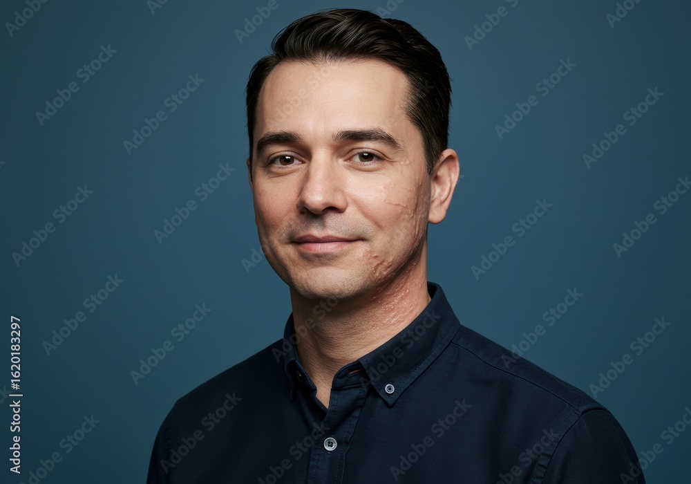 Obraz premium Man smiling confidently in blue shirt against dark background 