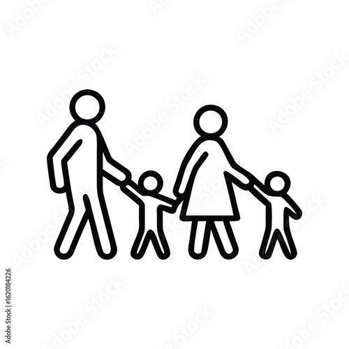 Simple line art family of four walking hand in hand