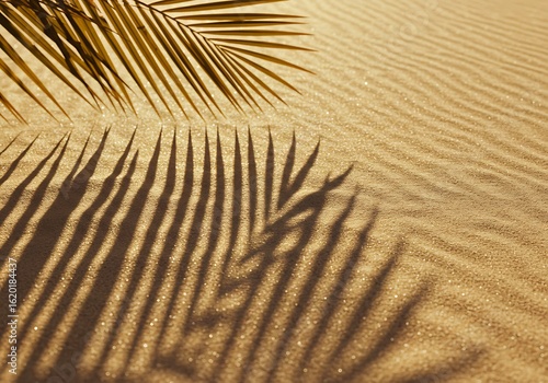 Fototapeta Naklejka Na Ścianę i Meble -  Golden hour sunlight casts a dramatic shadow of a tropical palm frond onto rippled desert sand, creating a serene, natural background.
