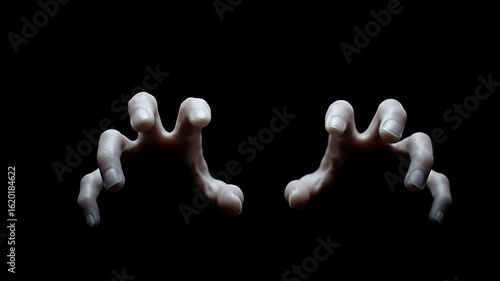 Two hands are poised in the dark fingers slightly curled as if to grab