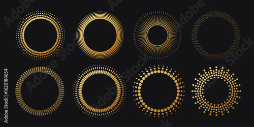 Set of round shaped frames. Golden halftone circle logo. Luxury design emblem.