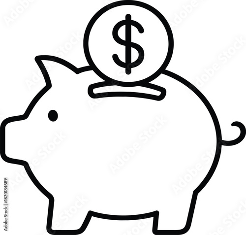 Minimal Black-and-White Line Icon of Piggy Bank with Dollar Coin Insertion Representing Financial Savings, Wealth Planning, and Personal Money Management