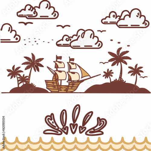 Vector set of tropical beach summer vacation icons with palm tree and sun silhouettes