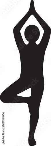 Black silhouette of a person in a yoga tree pose on a white background vrikshasana