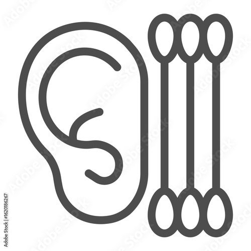 Ear and ear sticks line icon, body hygiene concept. Vector graphics. Human ear with clean sticks, cleaning sign on white background, outline style icon for mobile or web design.