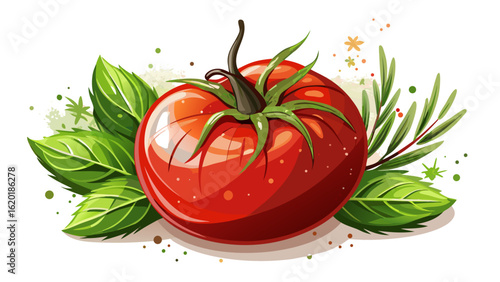 This fresh tomato, herbs and spices on white background. File blends flavor and beauty in simplicity. Semi-realistic highlights reveal natural gloss, delicate greens, and the essence of wholesome ingr