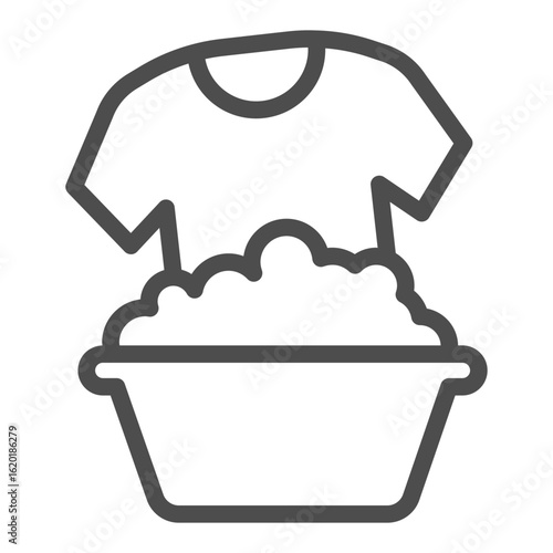 Shirt in washing basin with soap foam line icon, body hygiene concept. Vector graphics. Basin with foam powder, laundry sign on white background, outline style icon for mobile or web design.