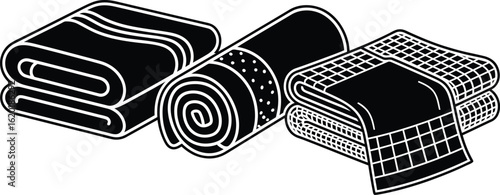 Blanket Illustration Icon Set Depicting Three Black-and-White Silhouettes in a Horizontal Grid Featuring Folded and Rolled Textiles Including Neatly Stacked Layered Blanket, Patterned Rolled Blanket 